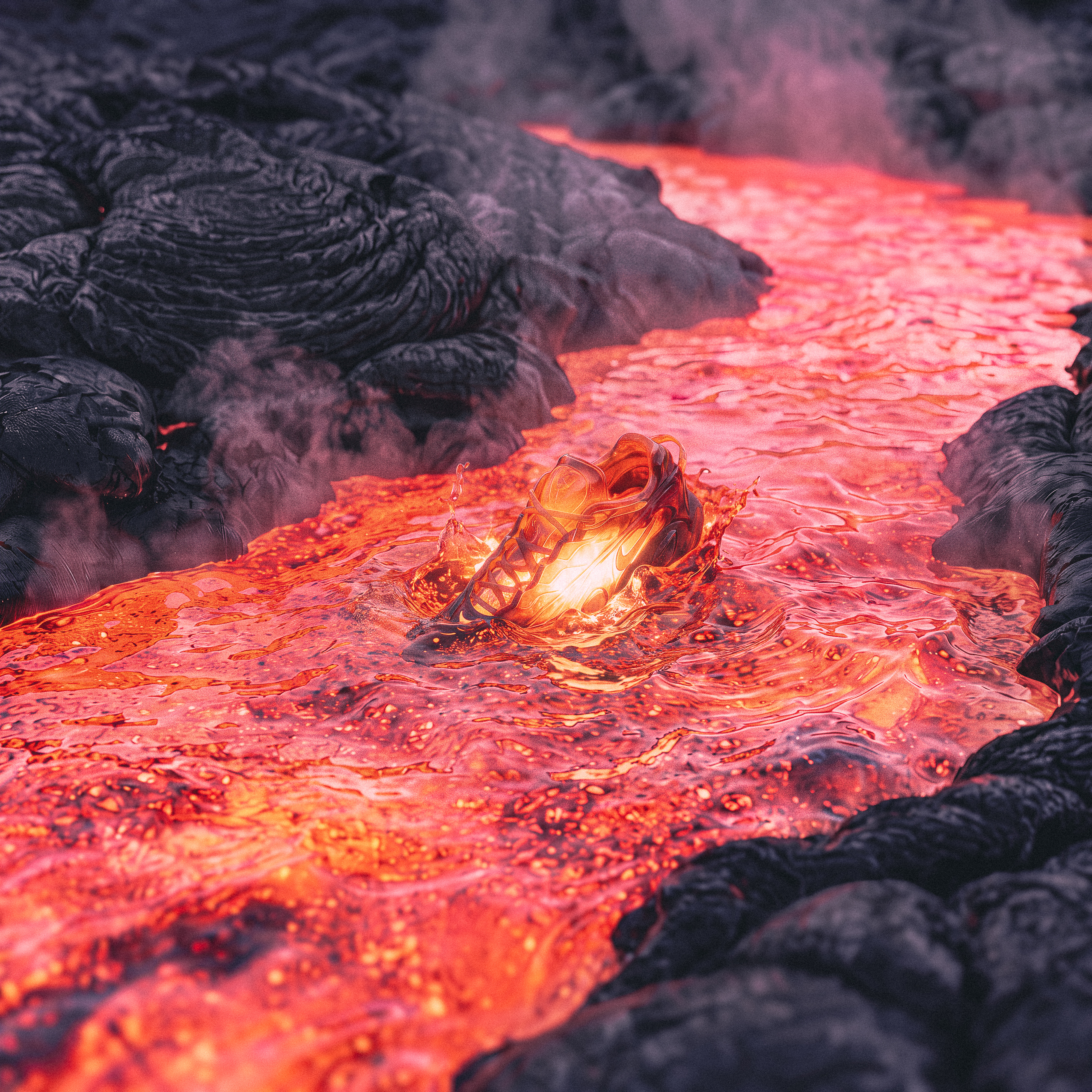 A glowing footwear visualization in flowing lava and dark volcanic rock.