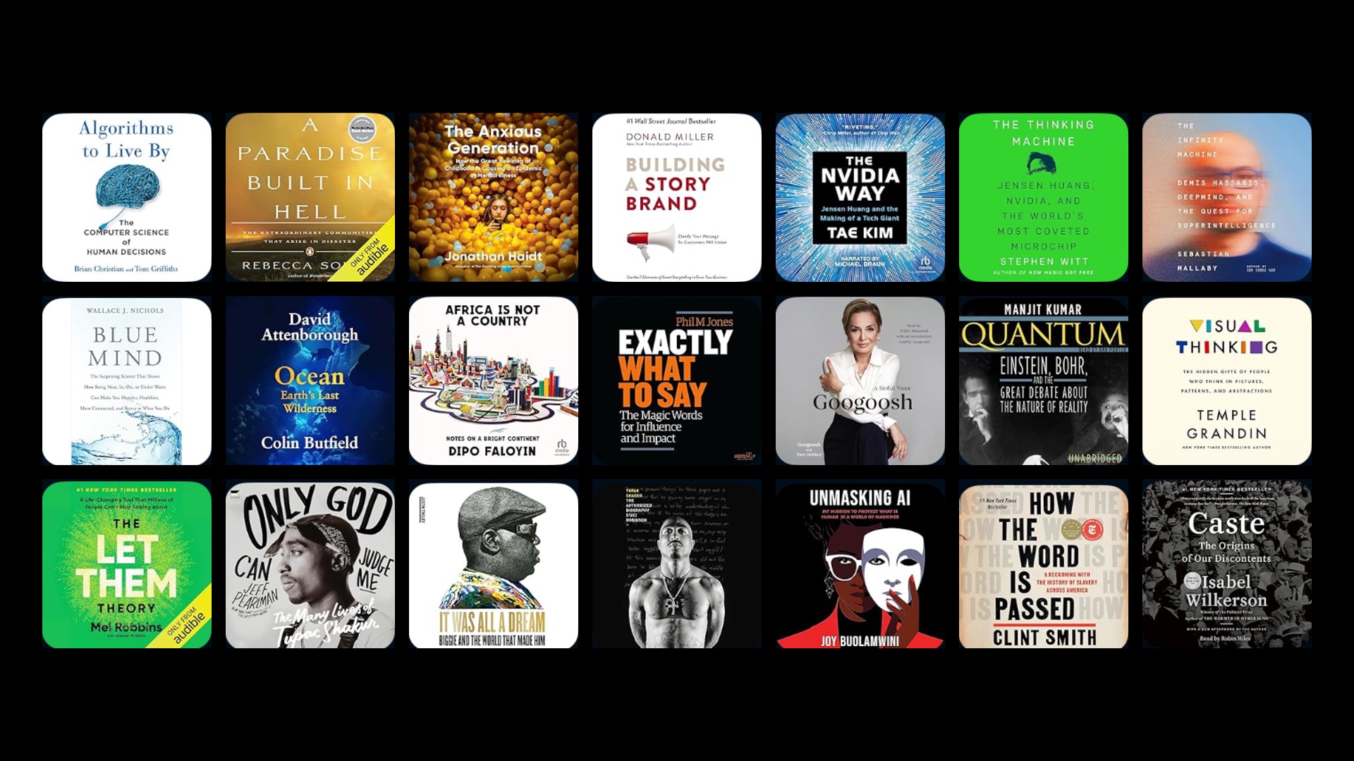 A selection from my reading and listening, including Algorithms to Live By, Visual Thinking, Unmasking AI, music biographies, and cultural history